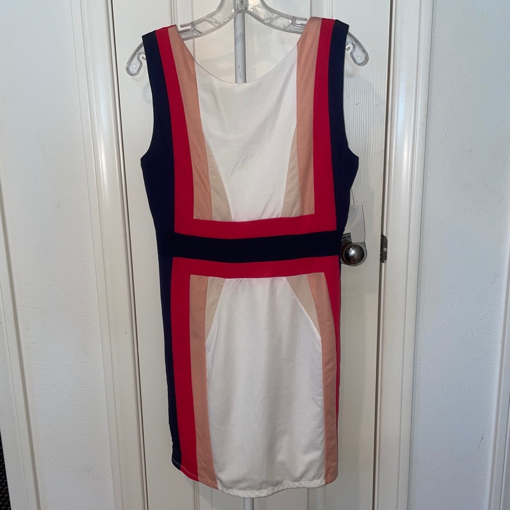 NWT! Sleeveless flattering bodycon mini dress, size large, multicolored.